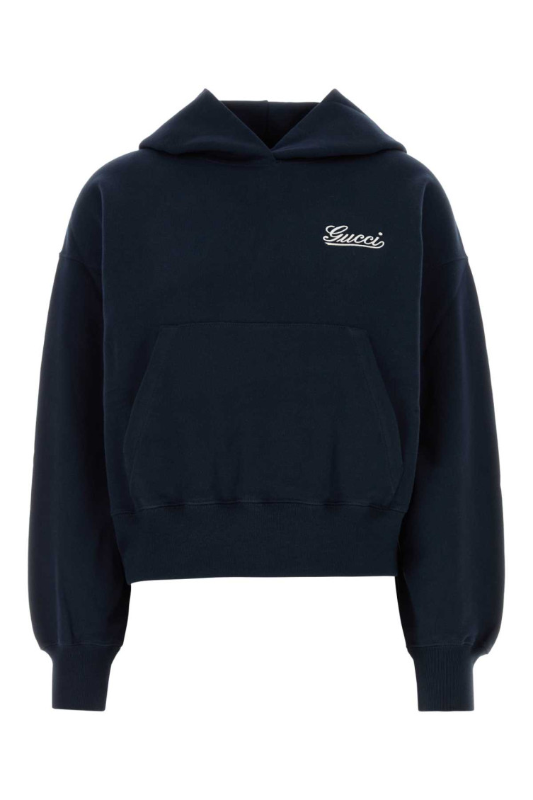 Gucci Black Hoodie With Puff Sleeves And Logo Embroidery In Blue