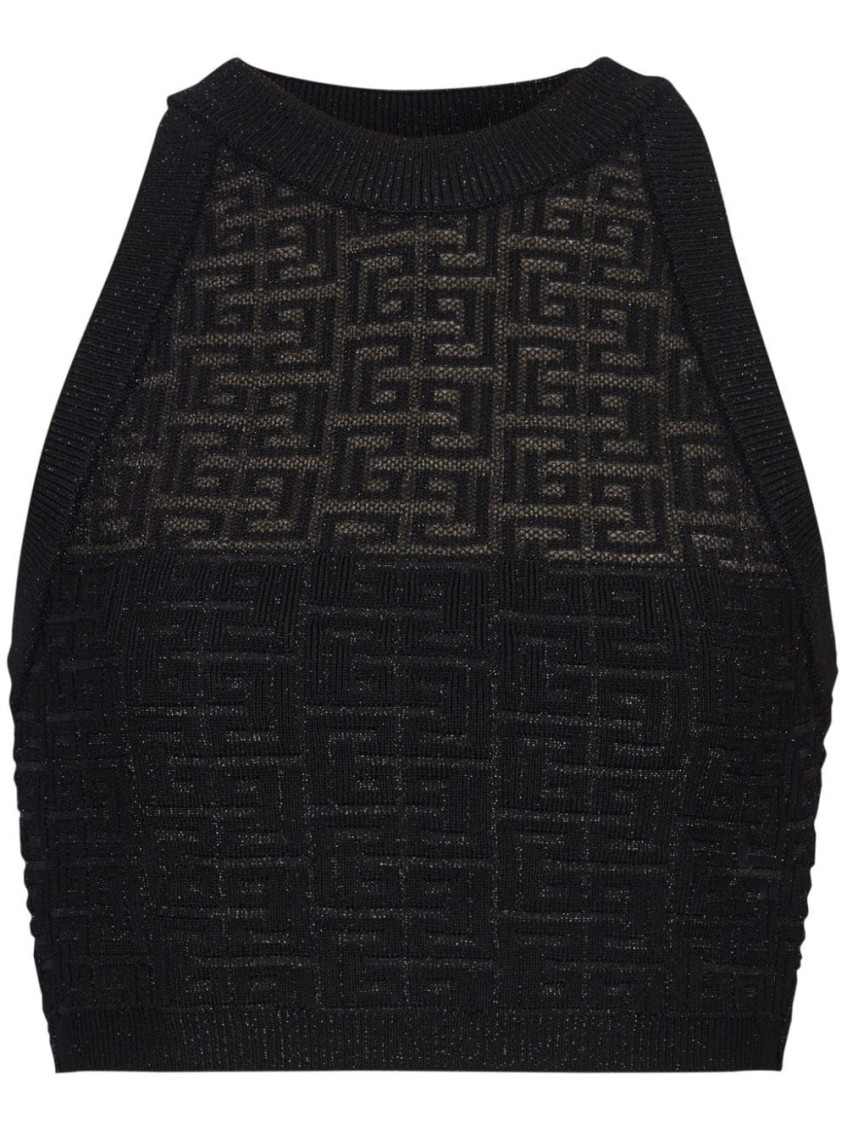 Balmain Sheer Geometric Halterneck Top With Metallic Threading In Black