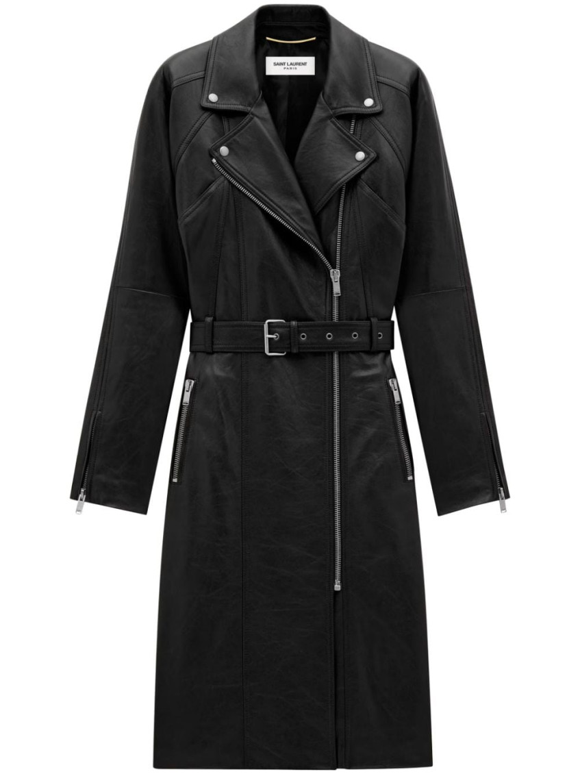 Saint Laurent Midi-length Zipped Biker Jacket In Black