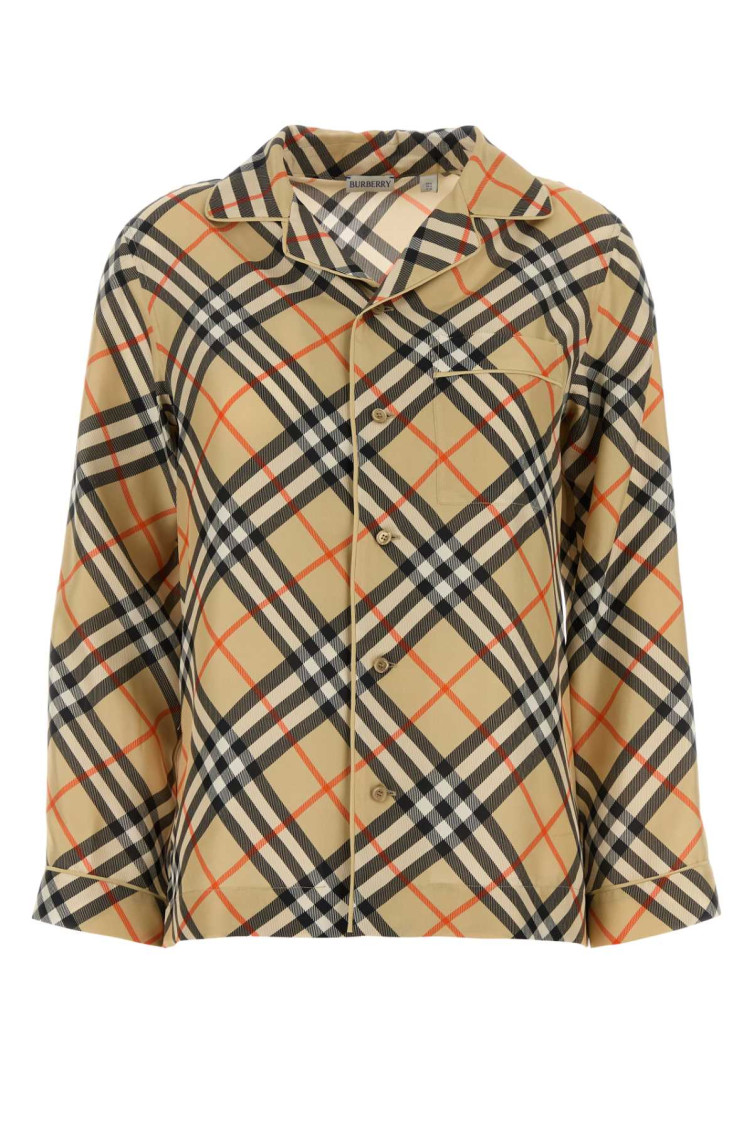 Burberry Check Print Silk Shirt In Beige