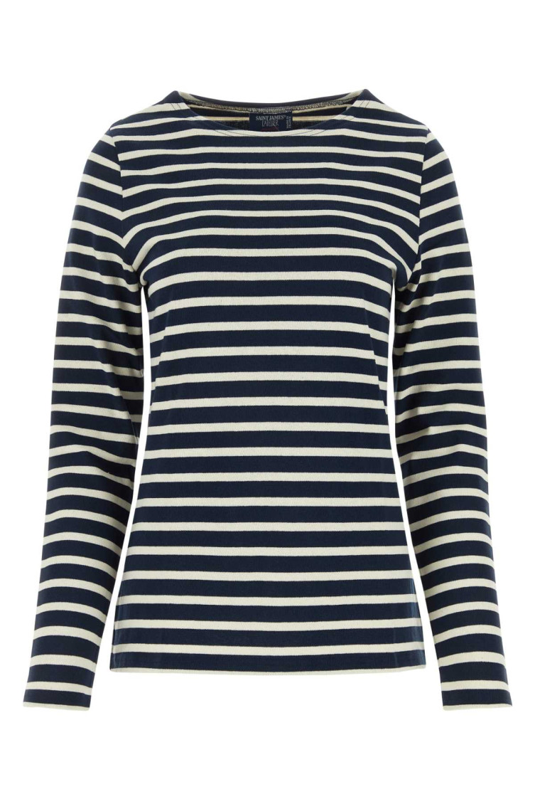 Saint James Cotton Crewneck Embroidered Striped T-shirt In Black