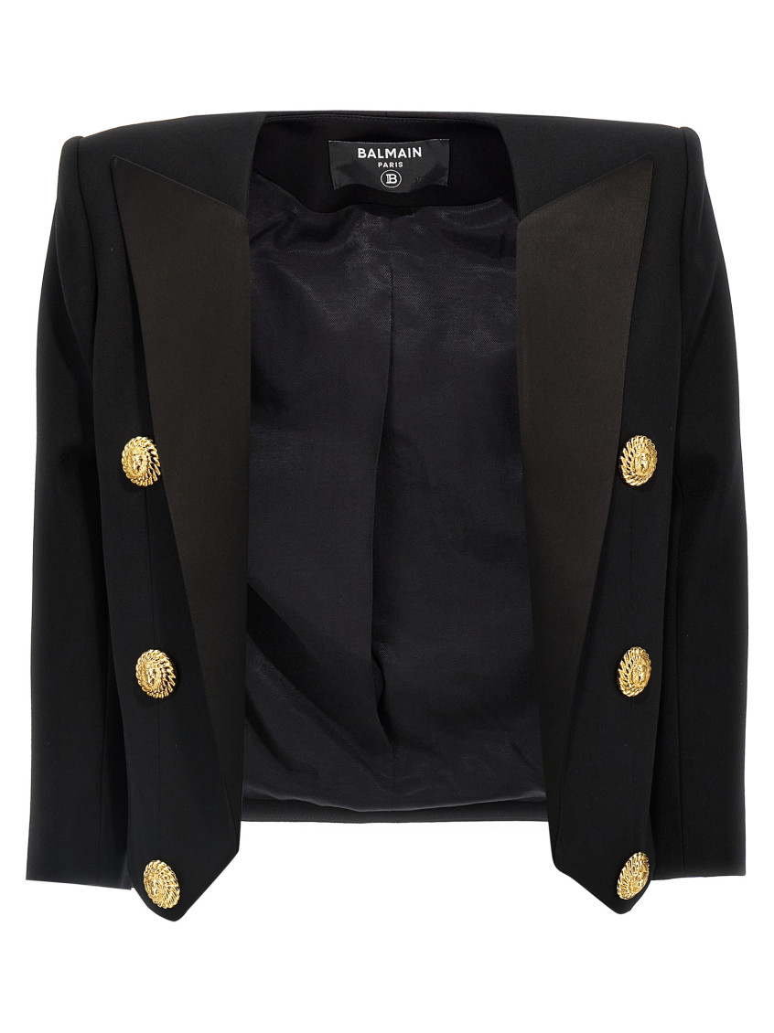 Balmain Black Cropped Grain De Poudre Edge-to-edge Jacket In Black