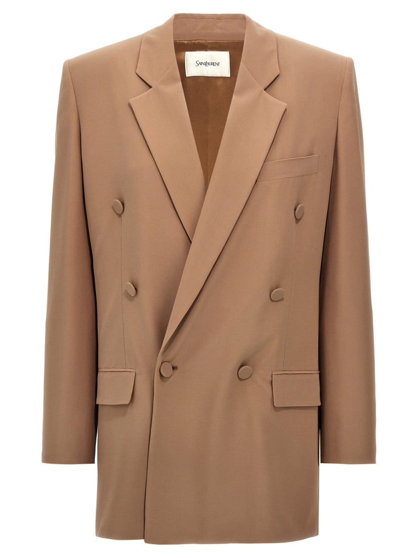 Shop Saint Laurent Beige Silk Crepe Blazer