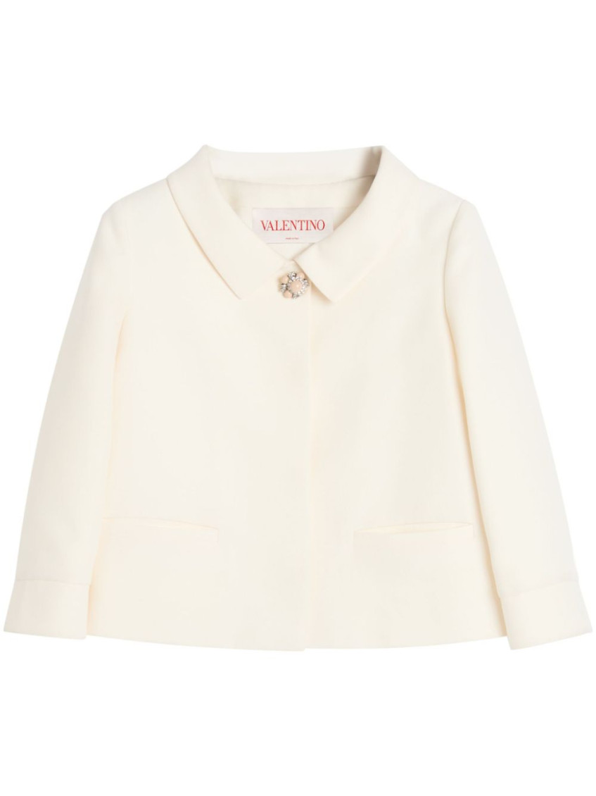 Valentino Garavani White Jacket With Spread Collar And Front Jewel Button In Wool And Silk Woman In White