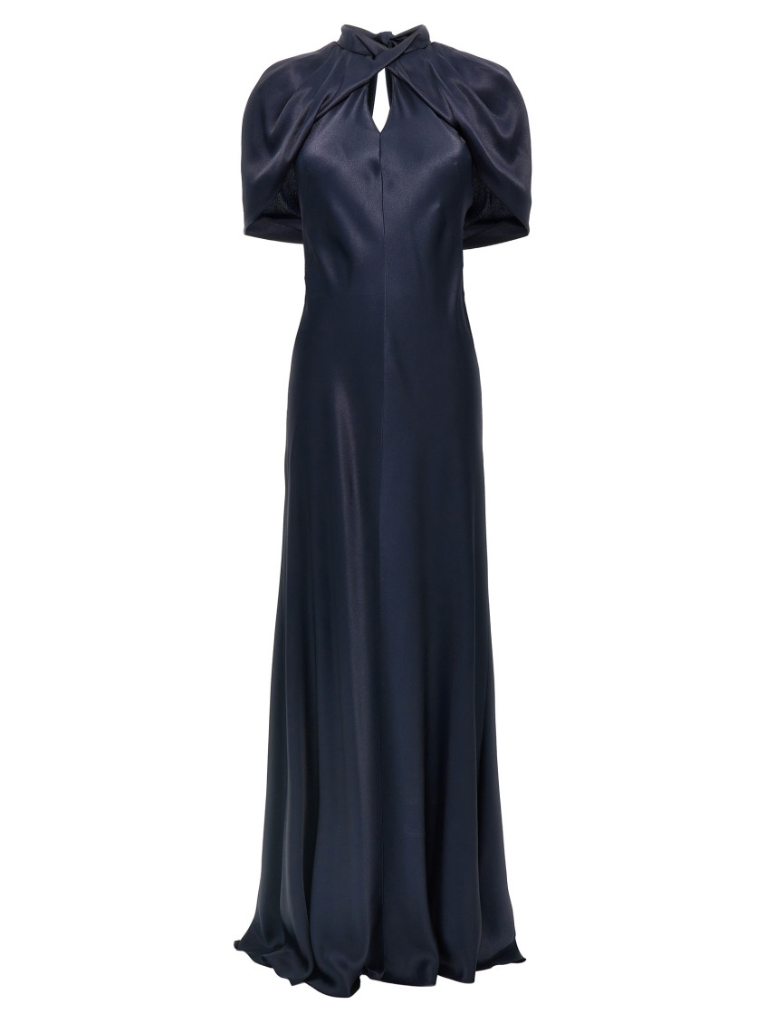 Alberta Ferretti Twisted Cape-sleeve Open-back Satin Gown In Blue