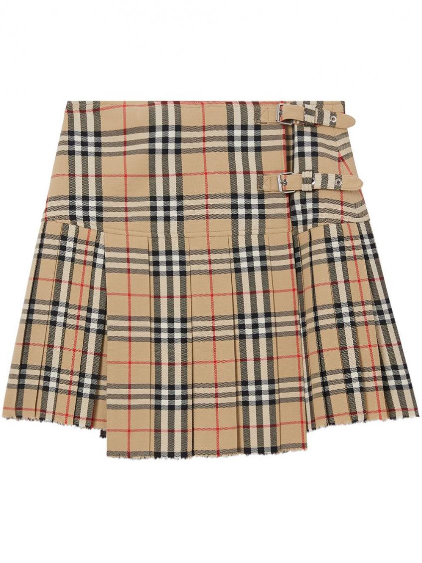Shop Burberry Beige Check Motif Wool Skirt