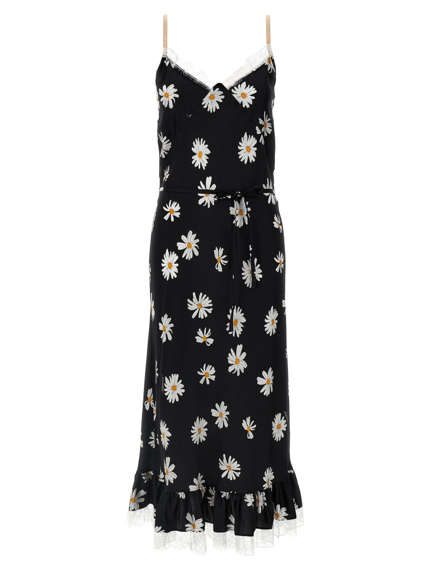 Moschino All-over Daisy Print Silk Twill Midi Dress In Black