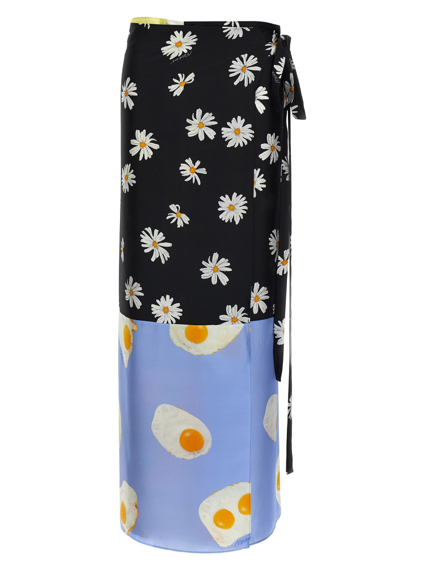 Moschino Long Wrap Skirt With Floral And Egg Print In Multicolor