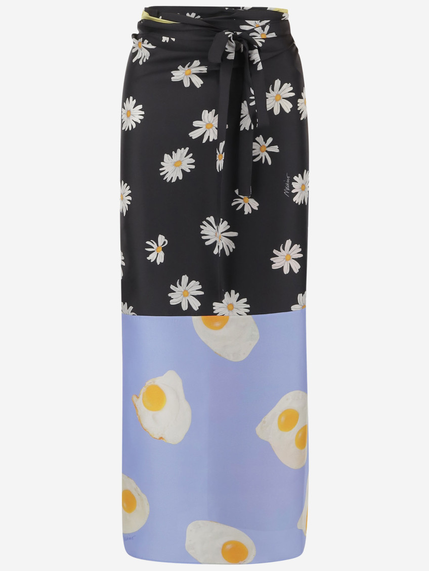 Moschino Long Wrap Skirt With Floral And Egg Print In Multicolor
