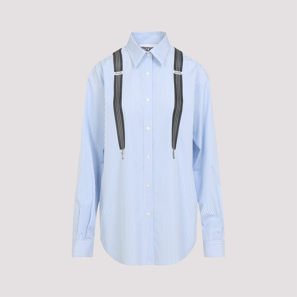 Moschino Couture Light Blue Cotton Striped Shirt With Decorative Straps In Light Blue