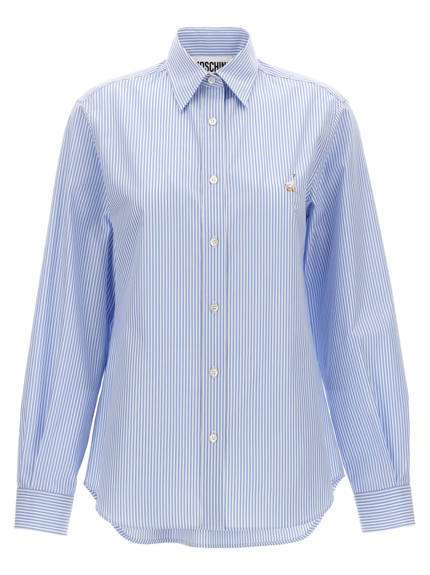 Moschino Striped Poplin Shirt Goose Embroidery In Light Blue