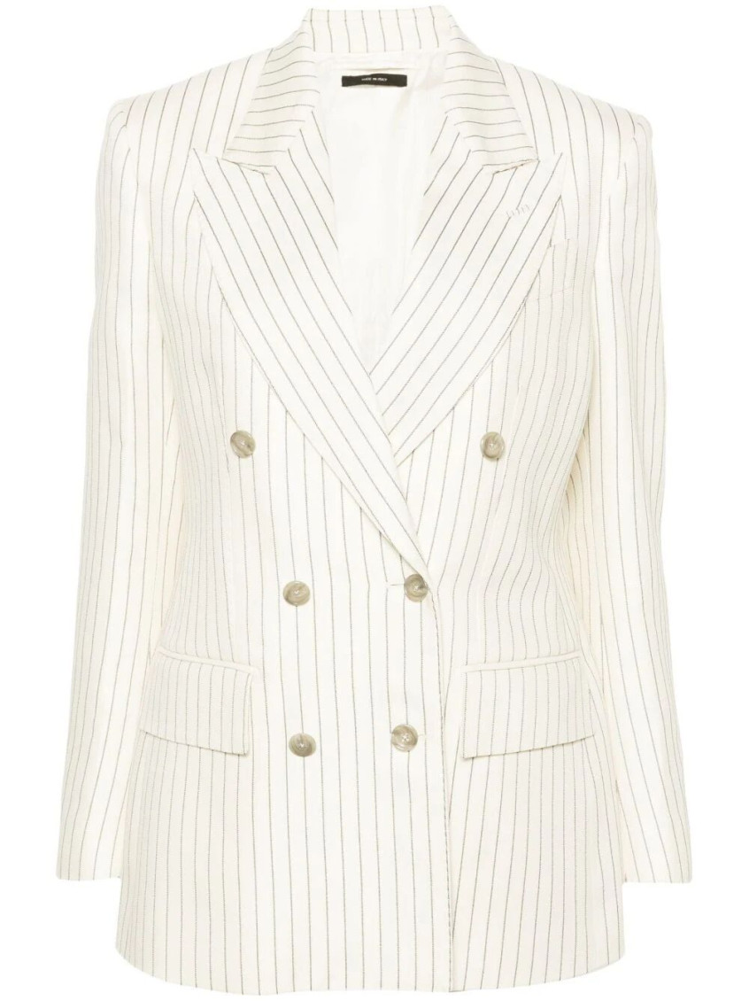 Tom Ford Striped Double-breasted Wool-blend Blazer In Off White