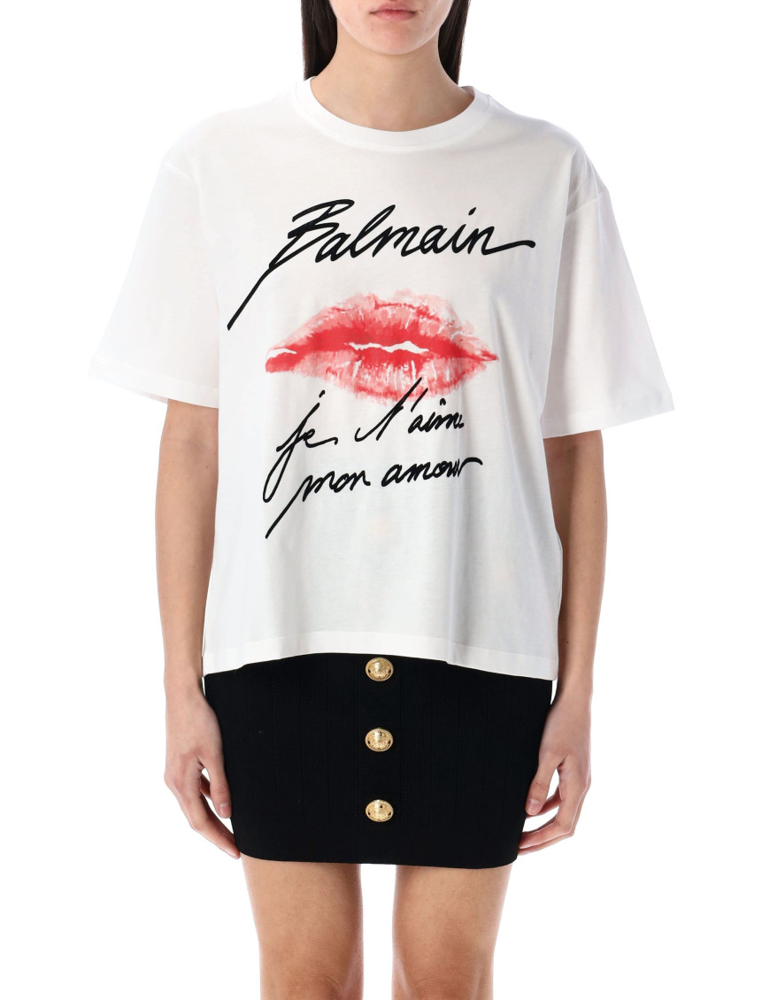 Shop Balmain White Roundneck Printed T-shirt