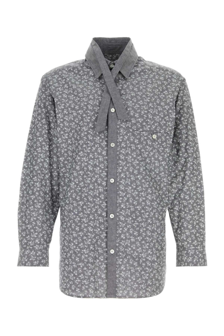 Yohji Yamamoto Cotton Shirt With Floral Pattern And Chest Pocket In Grey
