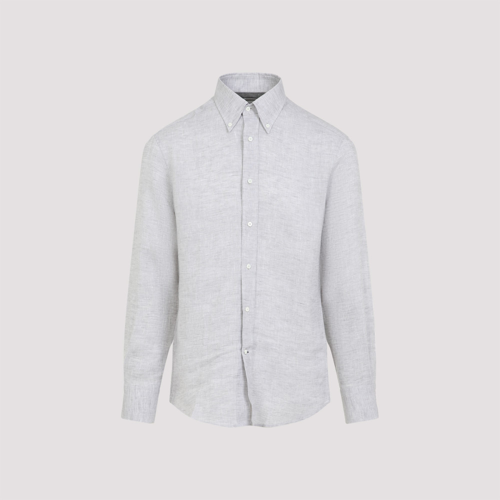 Brunello Cucinelli Grey Linen Shirt With Classic Button-down Collar In Grey