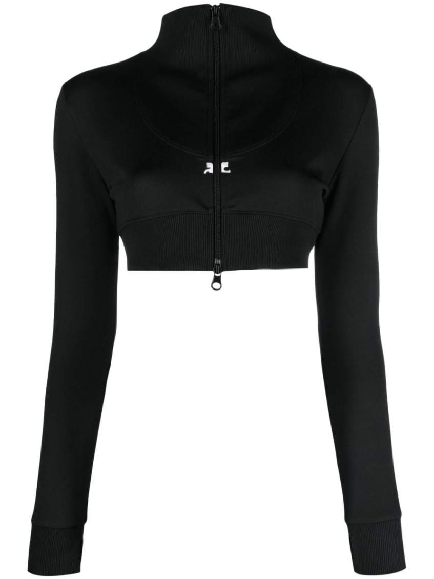 Shop Courrèges Black Cropped Zipped Sweatshirt