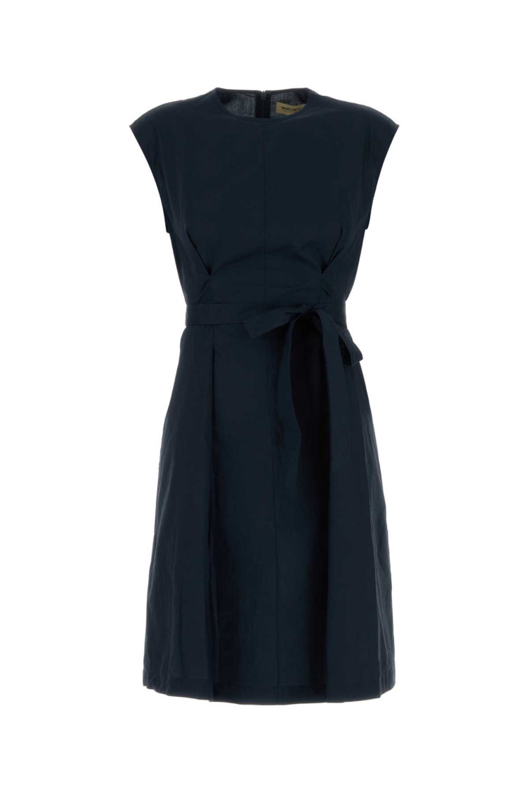 Woolrich Poplin Dress With Belted Waist And Cap Sleeves In Navy Blue