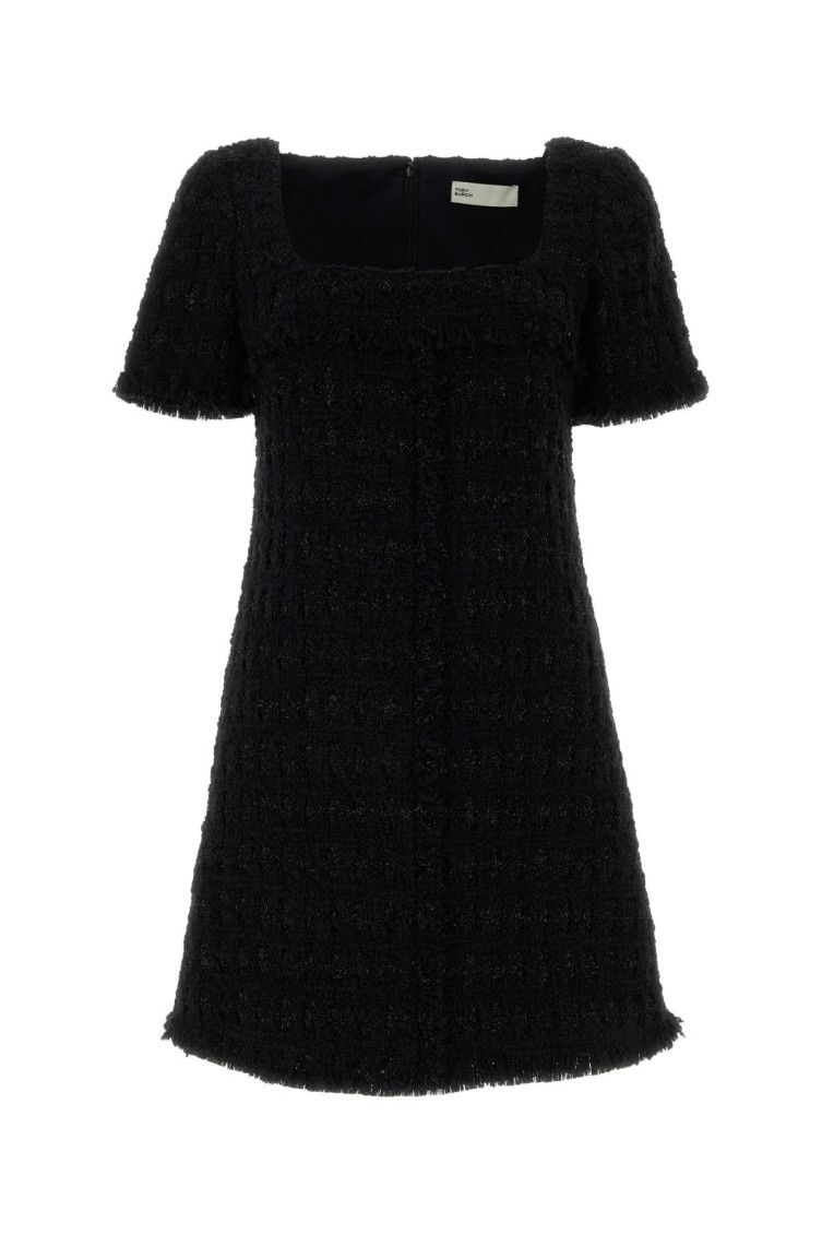 Tory Burch Tweed Square Neck Mini With Fringed Trimmings In Black