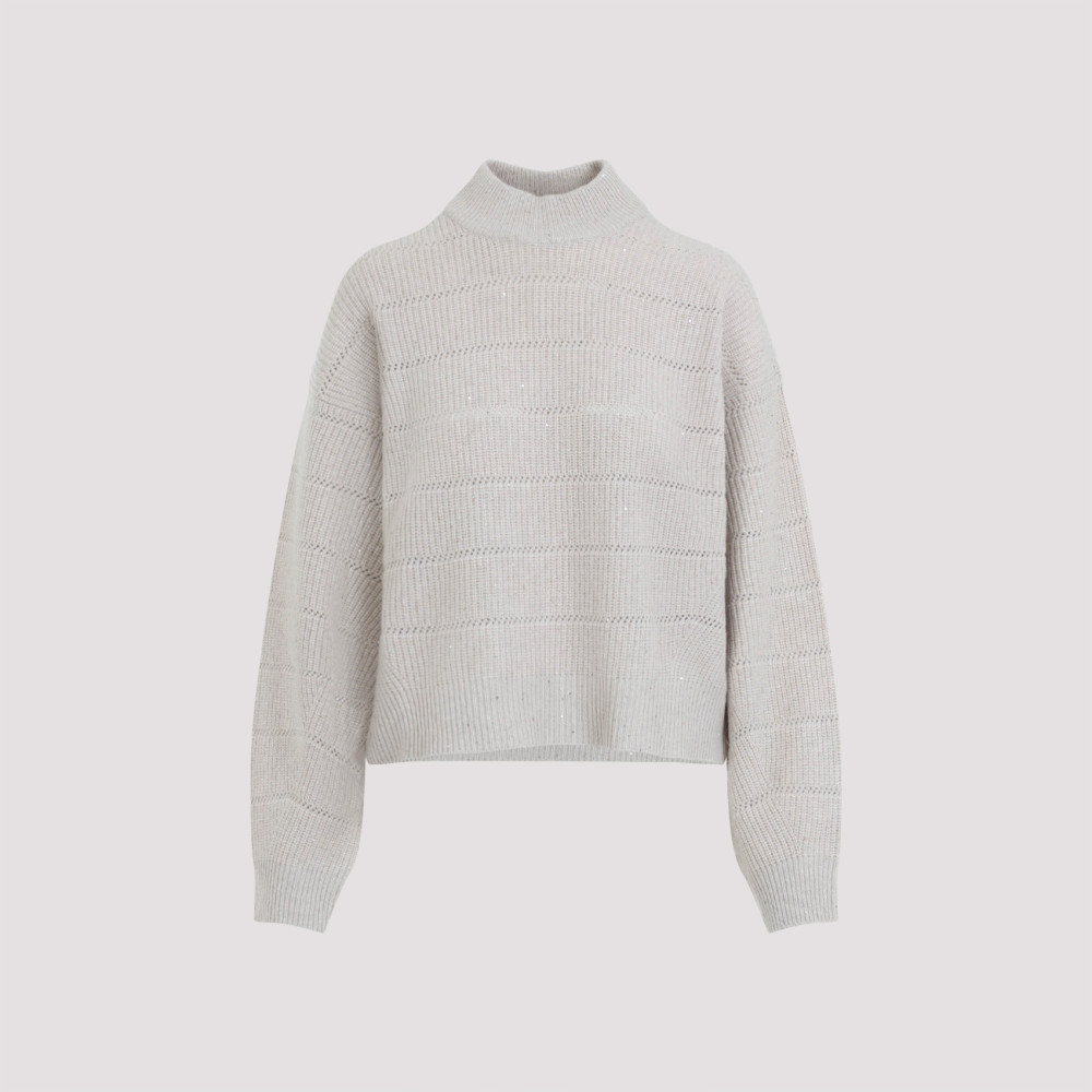 Brunello Cucinelli Beige Cashmere Mock Neck Lana Cashmire Stripe Pullover