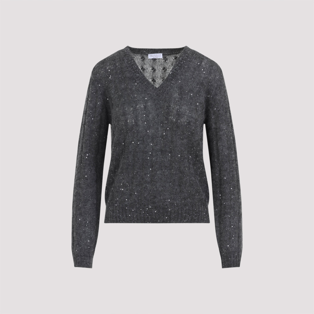 Brunello Cucinelli V-neck Cable Pullover Sequin Embellishments In Gray