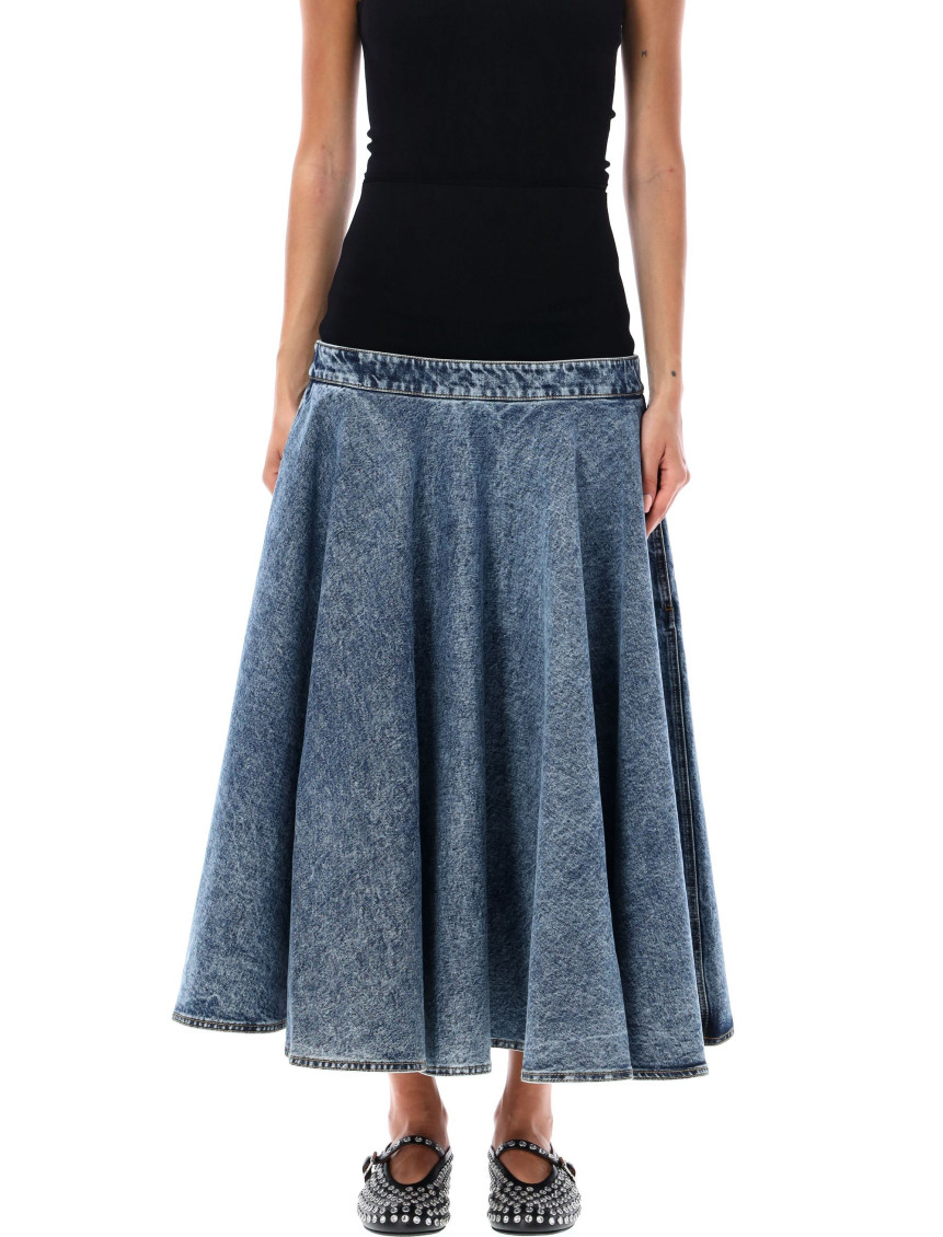 Shop Alaïa Blue Pleated Denim Midi Skirt