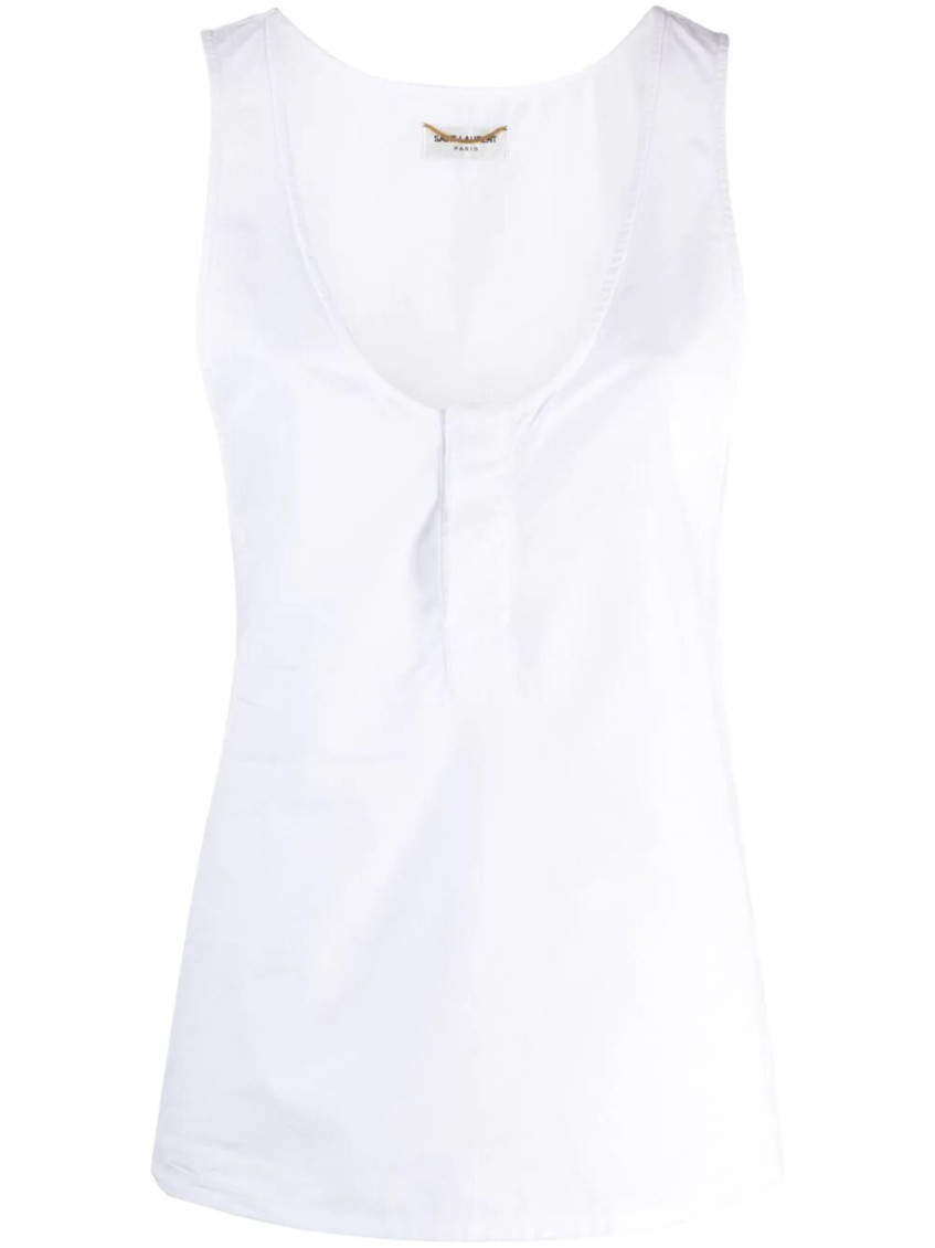 Saint Laurent Paris Women Canotta Henley In Popeline Di Cotone In White