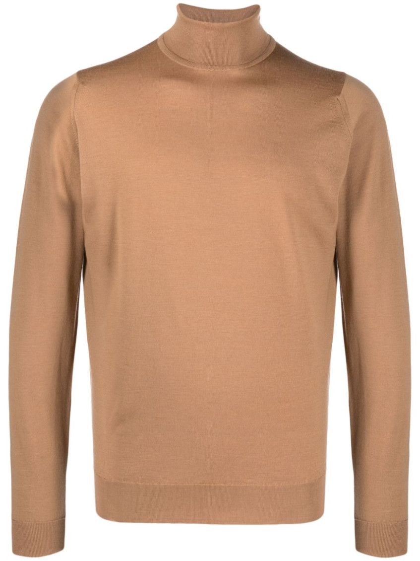 John Smedley Ribbed Turtleneck Wool Sweater With Straight Hem In Brown