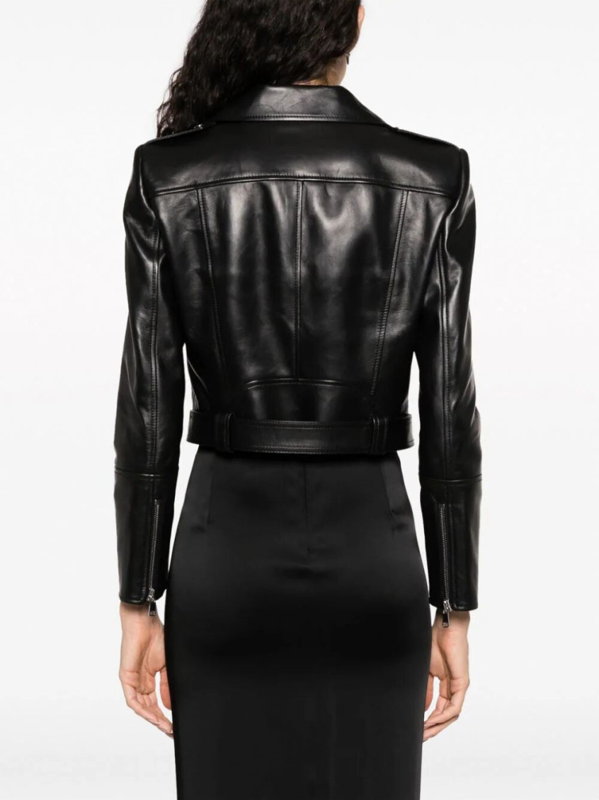 Alexander Mcqueen Cropped Biker Leather Jacket In Black
