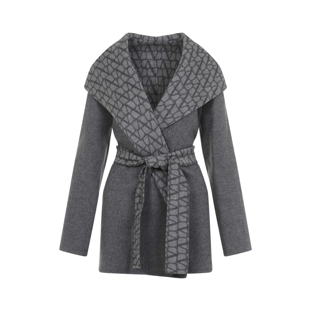 Valentino Reversible Toile Iconographe Coat In Grey