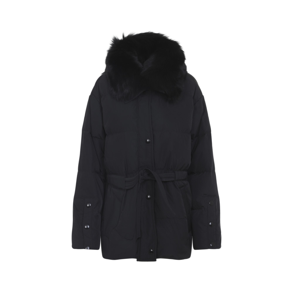 Yves Salomon Doudoune Short Down Jacket With Fur Inserts And Belt In Black