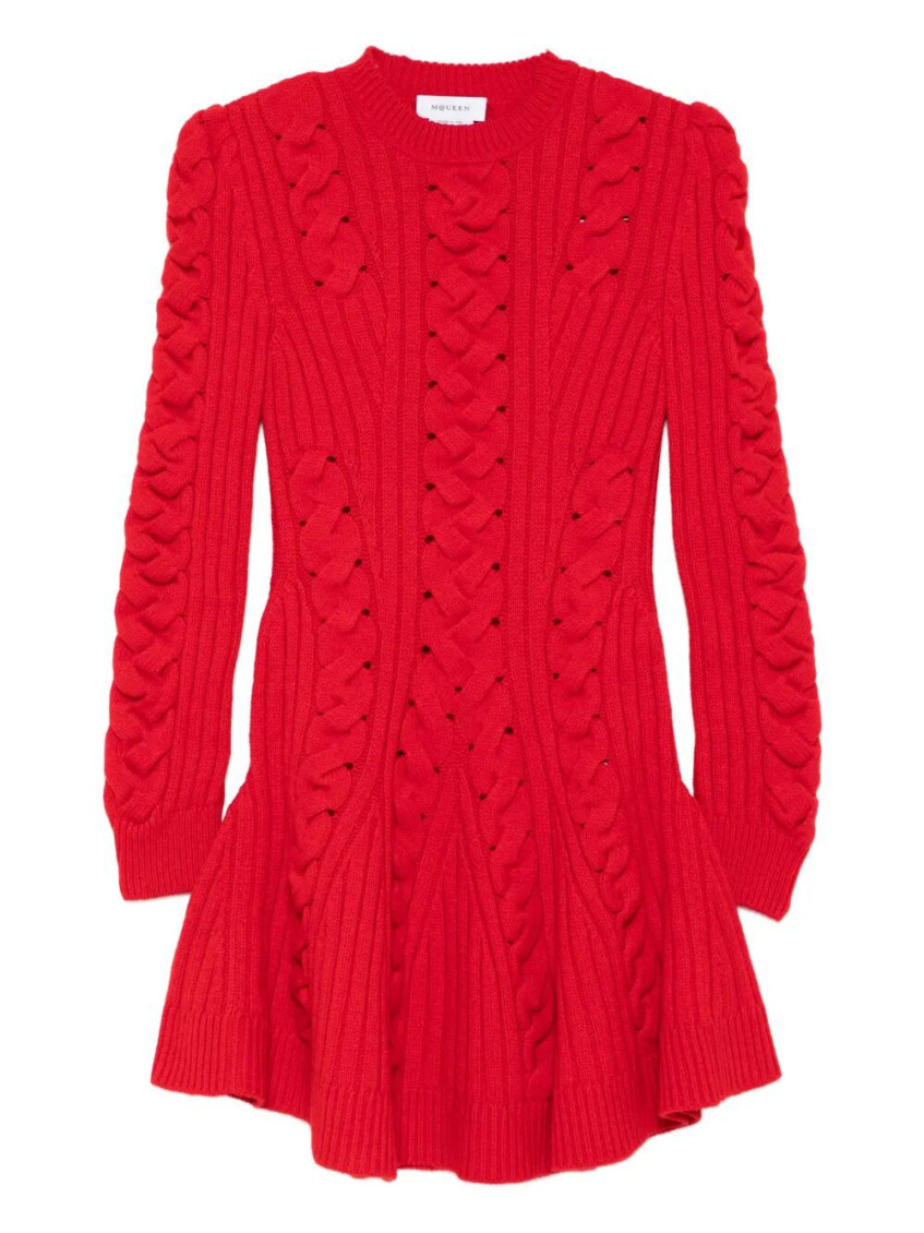 Alexander Mcqueen Wool And Cashmere Cable Knit Mini Dress Clothing In Red