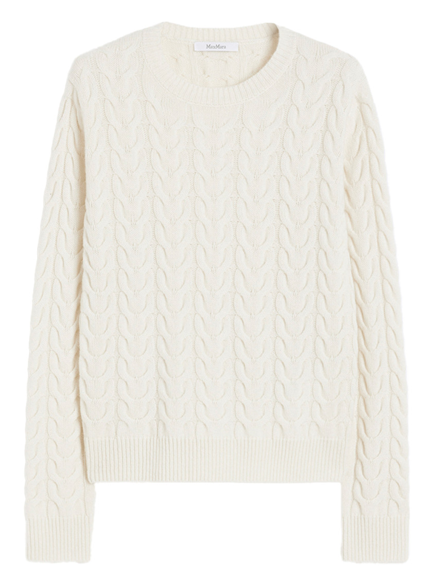 Max Mara Slim Fit Cable-knit Cashmere Pullover In White