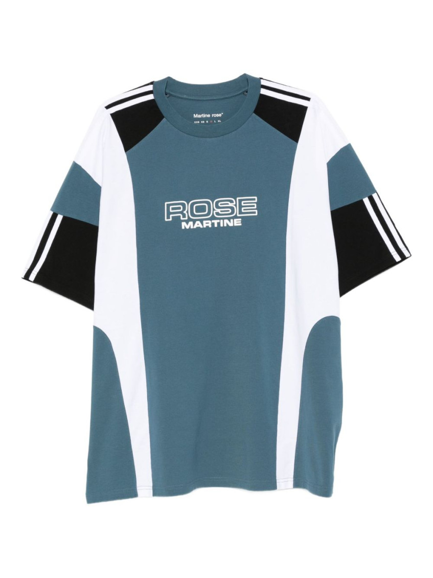 Martine Rose Panelled Short-sleeve Crew Neck T-shirt With Graphic Accents In Blue