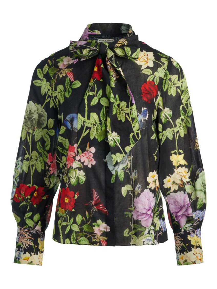Alice And Olivia Black Floral Cotton Top In Multi