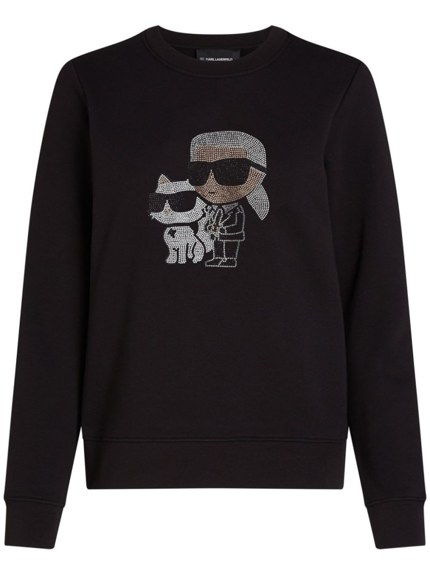 Karl Lagerfeld Black Crewneck Rhinestone Sweatshirt In Multi