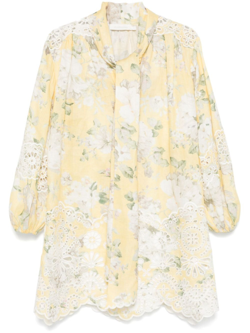 Zimmermann Delicate Floral Playsuit With Removable Belt And Ruffled Edges In Yellow