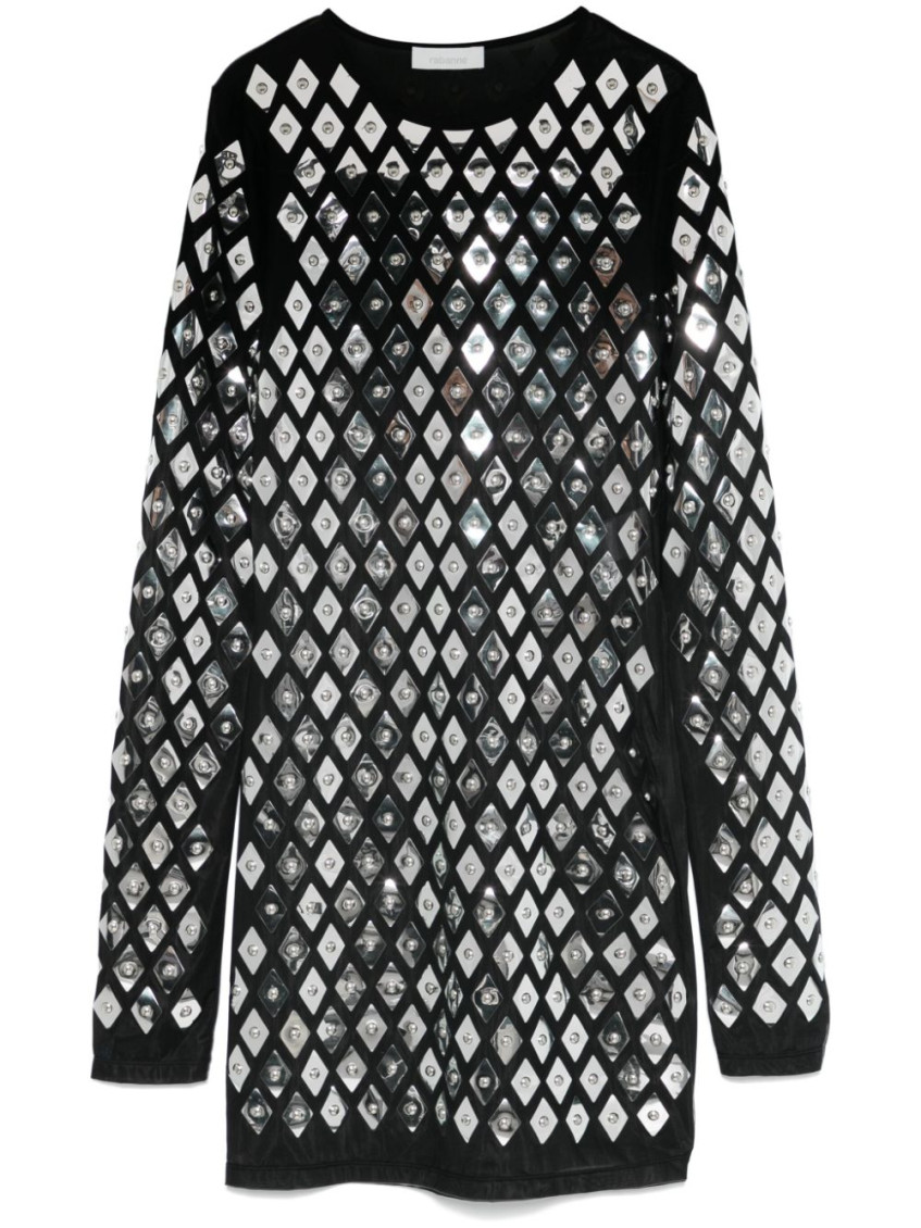 Rabanne Black Dress With Geometric All-over Pattern In Semi-transparent Polyamide Woman In Black