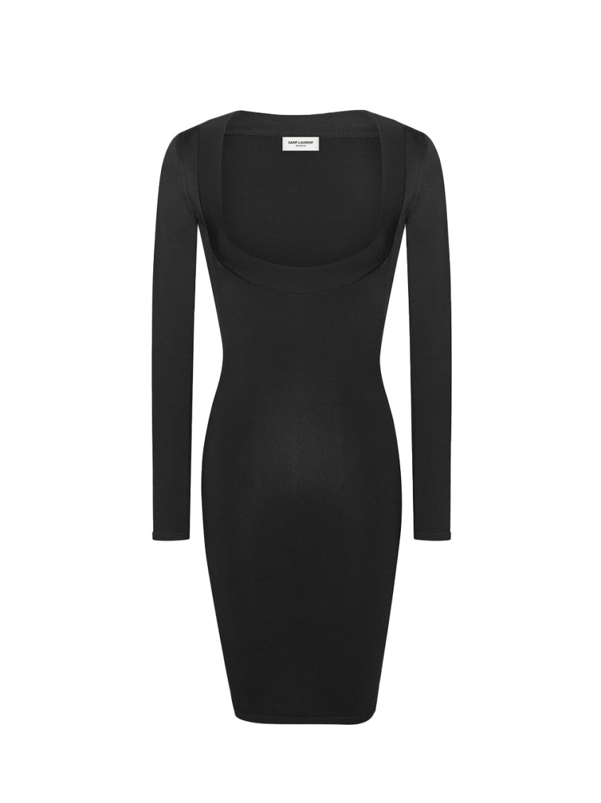Saint Laurent Plunging Round Neck Long-sleeved Dress In Black