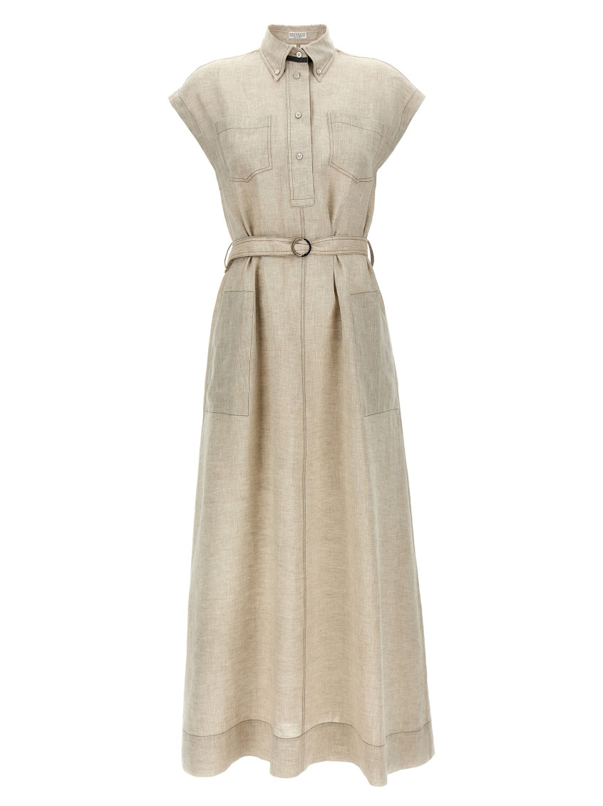 Brunello Cucinelli Linen Dress With Belted Waist And Pockets In Beige