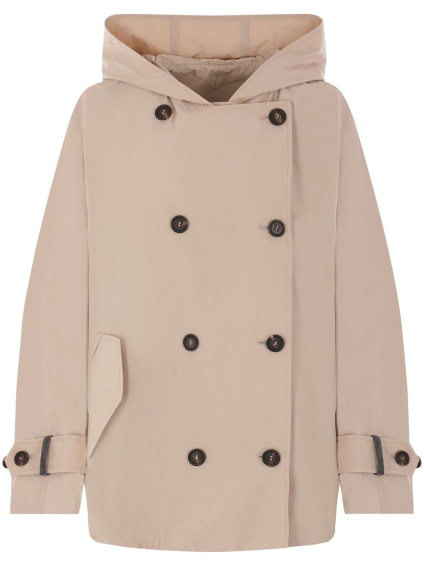 Brunello Cucinelli Double-breasted Jacket With Hood And Flap Pockets In Beige