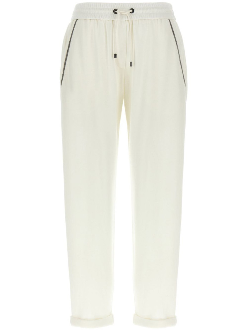 Brunello Cucinelli Track Trousers In Lightweight Stretch Cotton Fleece With Moniline In White