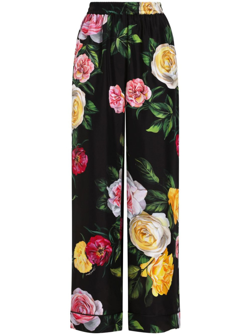 Dolce & Gabbana Peony And Roses Print Pants In Black