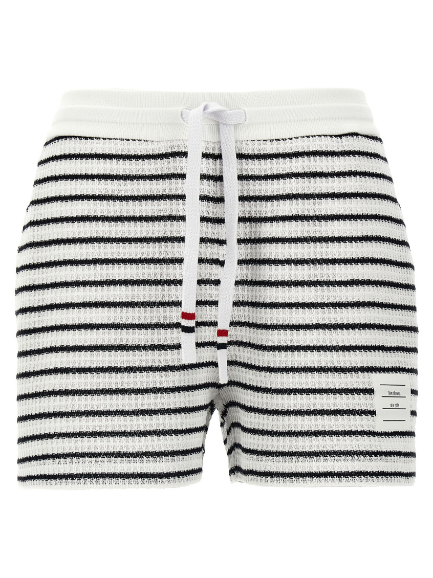 Thom Browne Striped Cotton Shorts With Adjustable Drawstring In Blackwhite