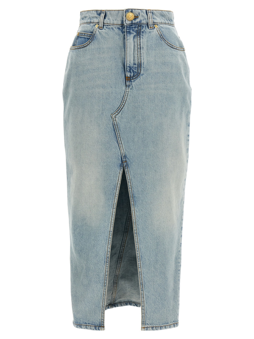Balmain Midi Denim Skirt With Slit In Light Blue