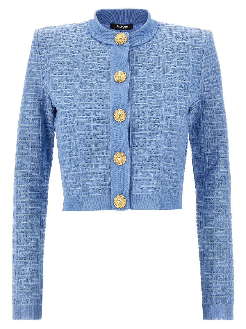 Balmain Pb Labyrinth Knitted Cropped Cardigan In Light Blue