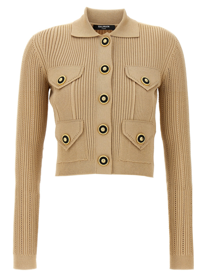 Shop Balmain Beige Ribbed Cardigan