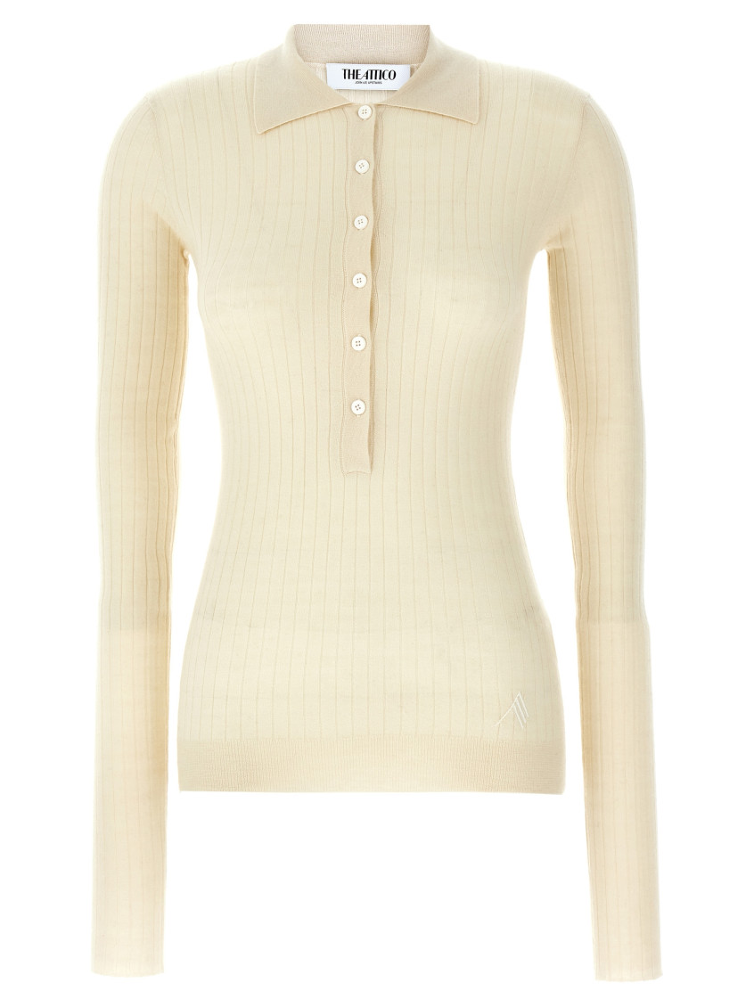 Attico Collared Ribbed Knit Sweater With Long Sleeves In White