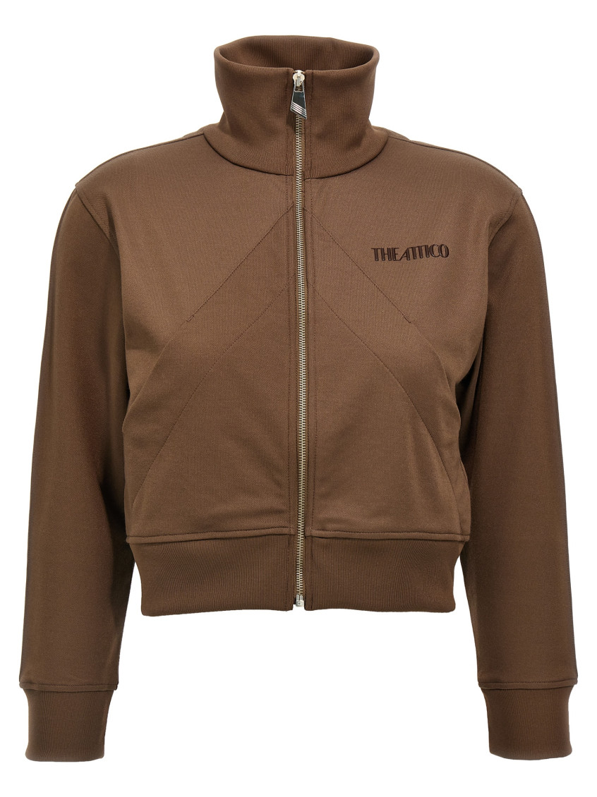 Attico Cropped Brown Sweatshirt With Embossed Logo In Brown