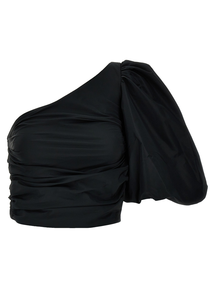 Pinko 'magnanina' Black One Shoulder Top With Ruffle Details In Techn Fabric Woman In Black