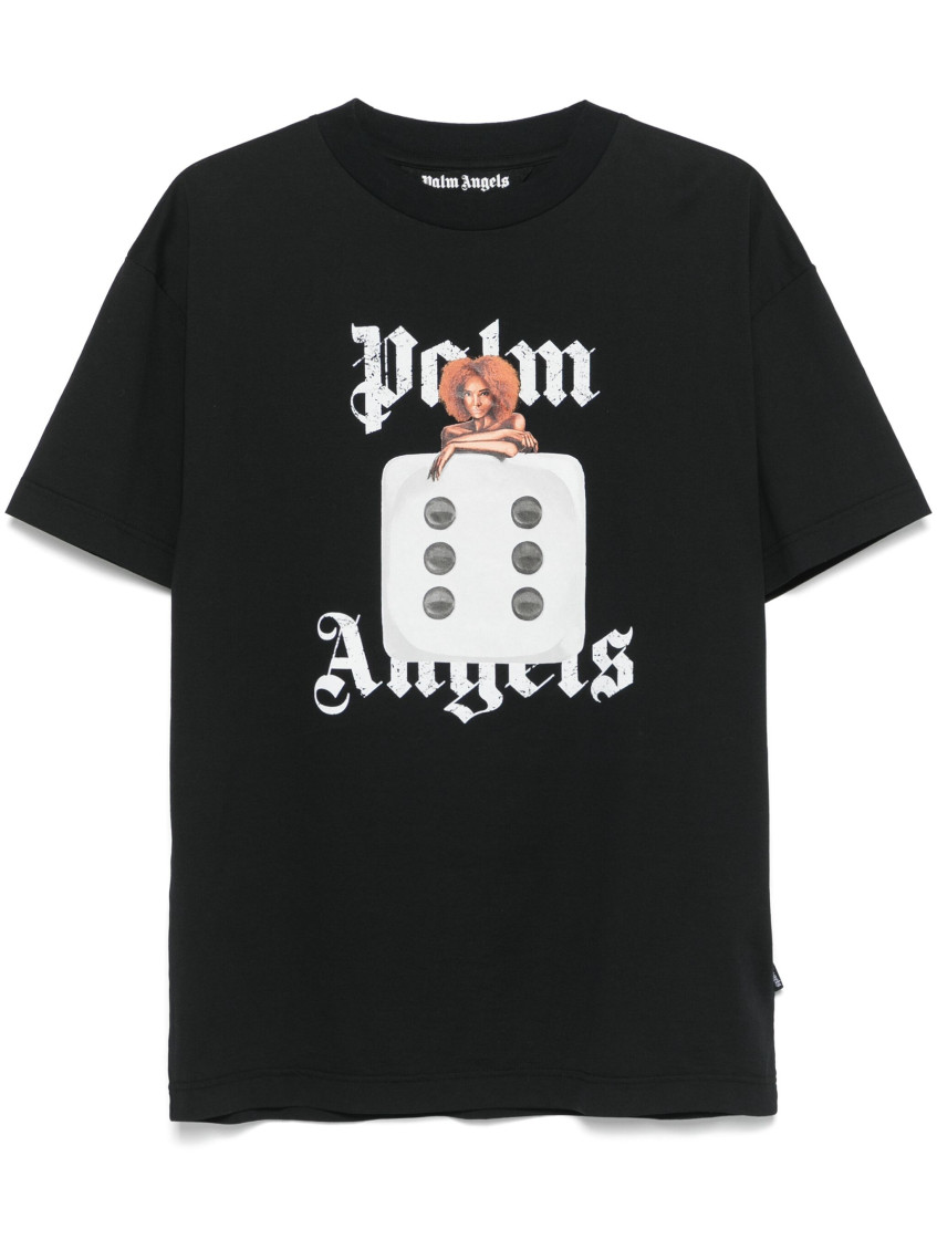 Palm Angels Black T-shirt With Front Dice And Logo Print In Black